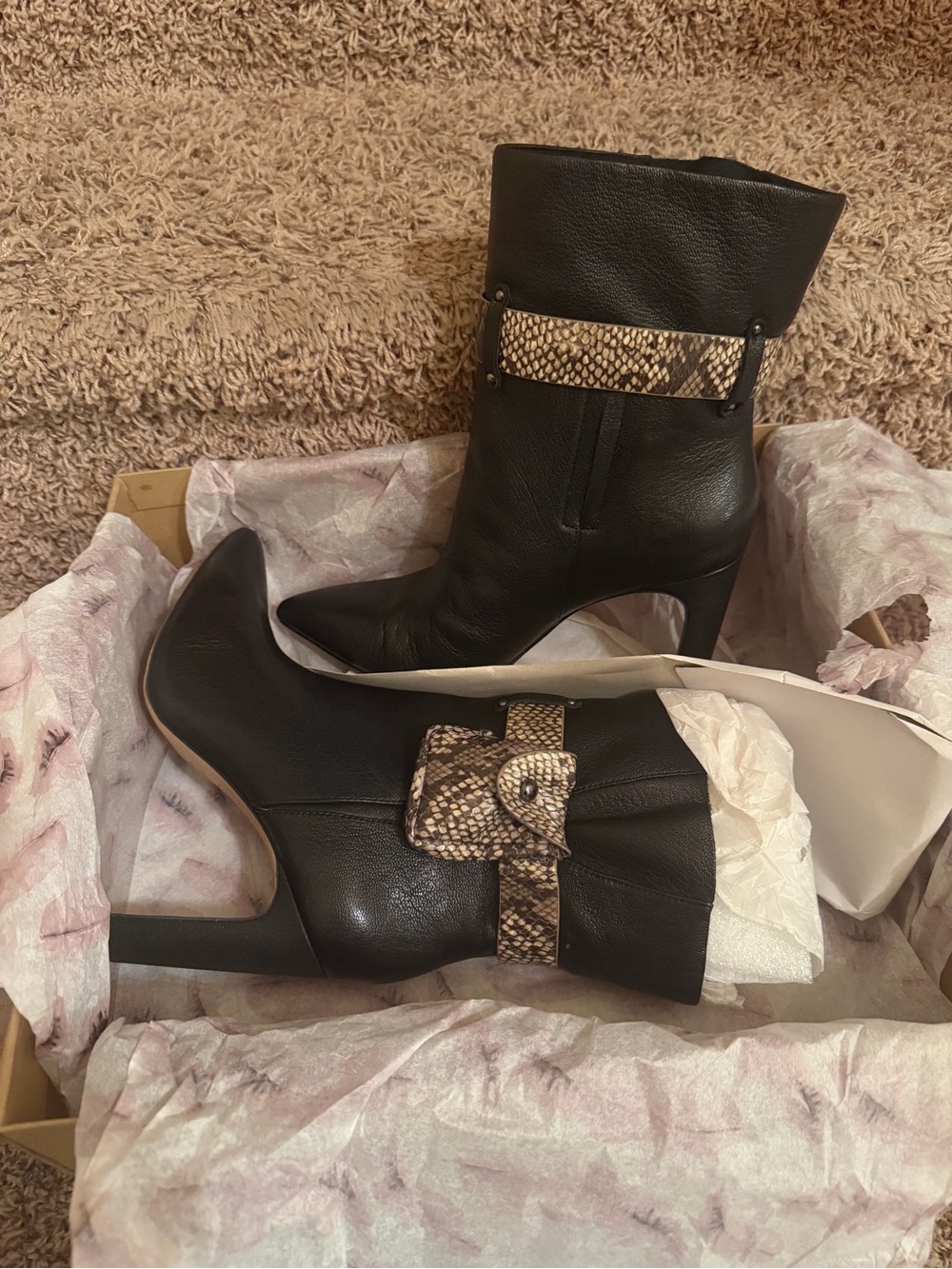 Jessica Simpson Black Pointed Toe Heeled Boots Snake Print Buckle 7.5